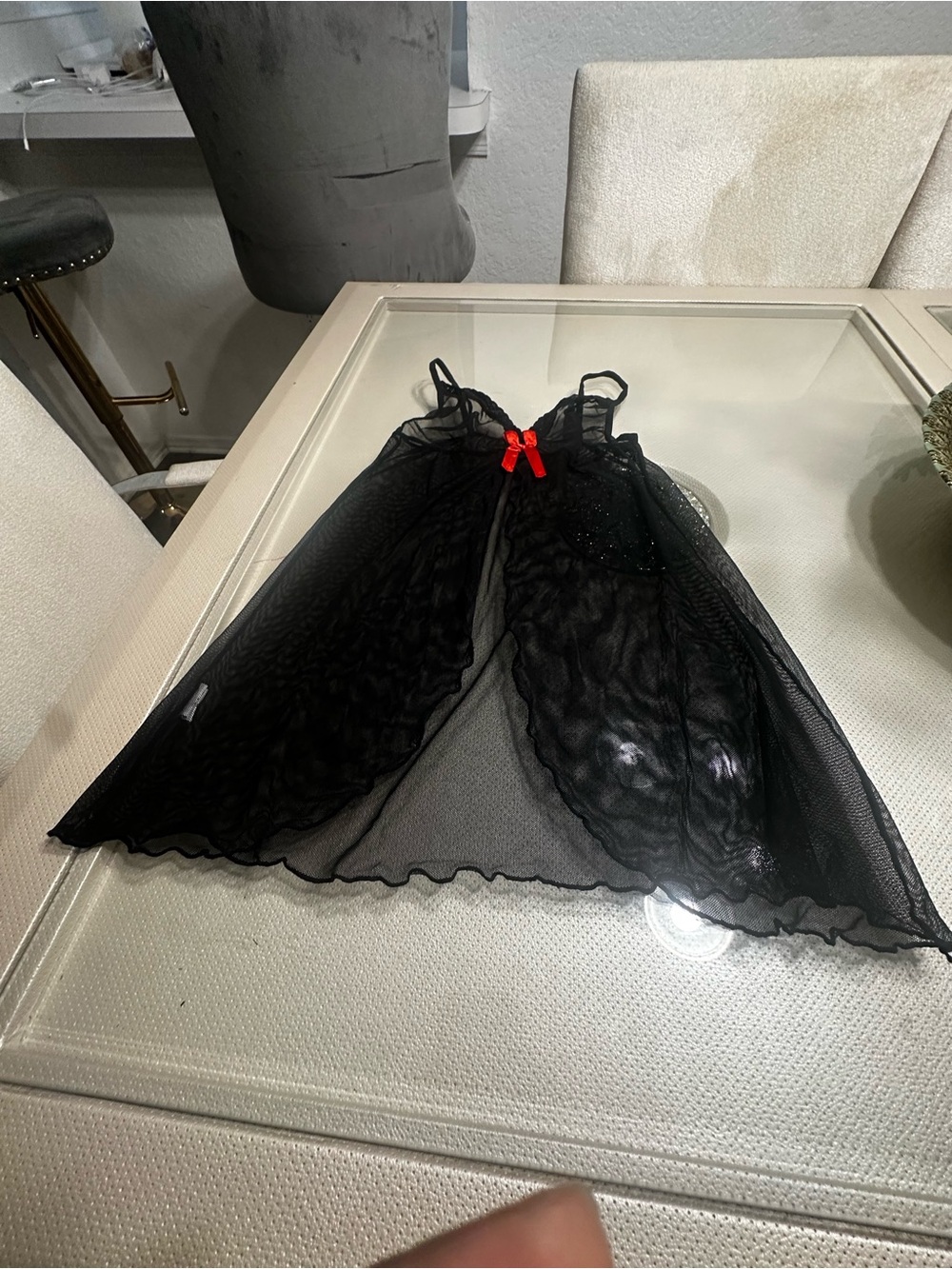 & Other Stories Black Sheer Chemise with Red Bow Accent